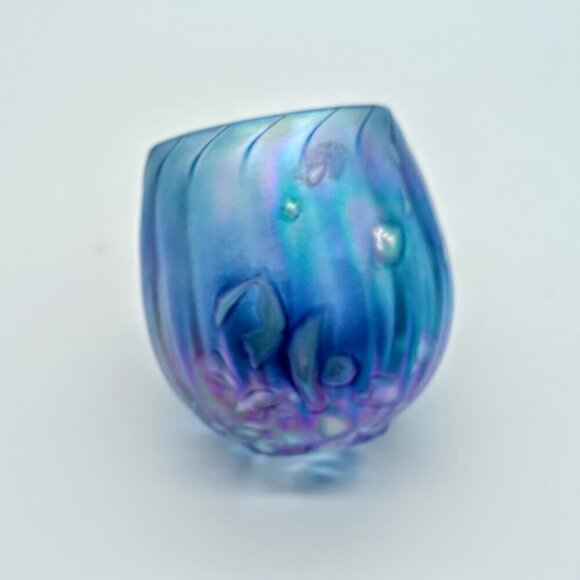 Handblown Blue Iridescent Glass Candle Holder - Picture 4 of 6